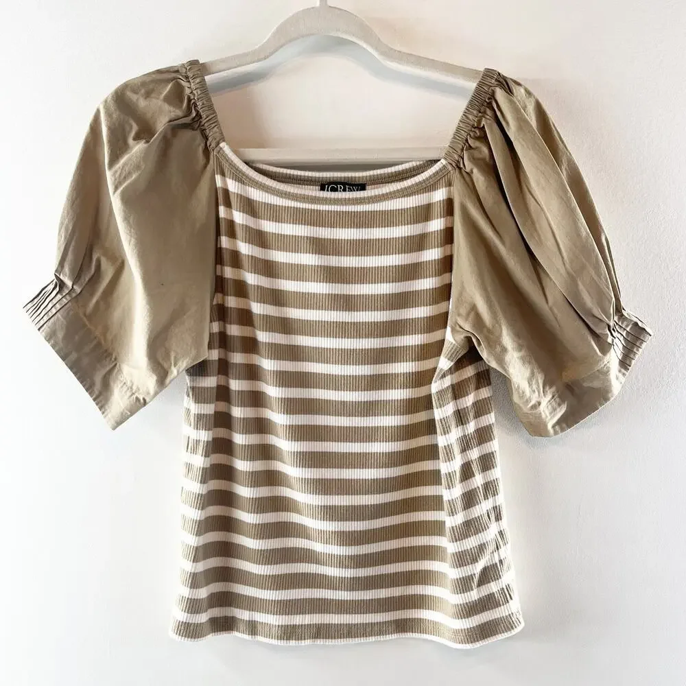 J. Crew Short Puff Sleeve Striped Ribbed Top Tee Shirt Tan Cream Large